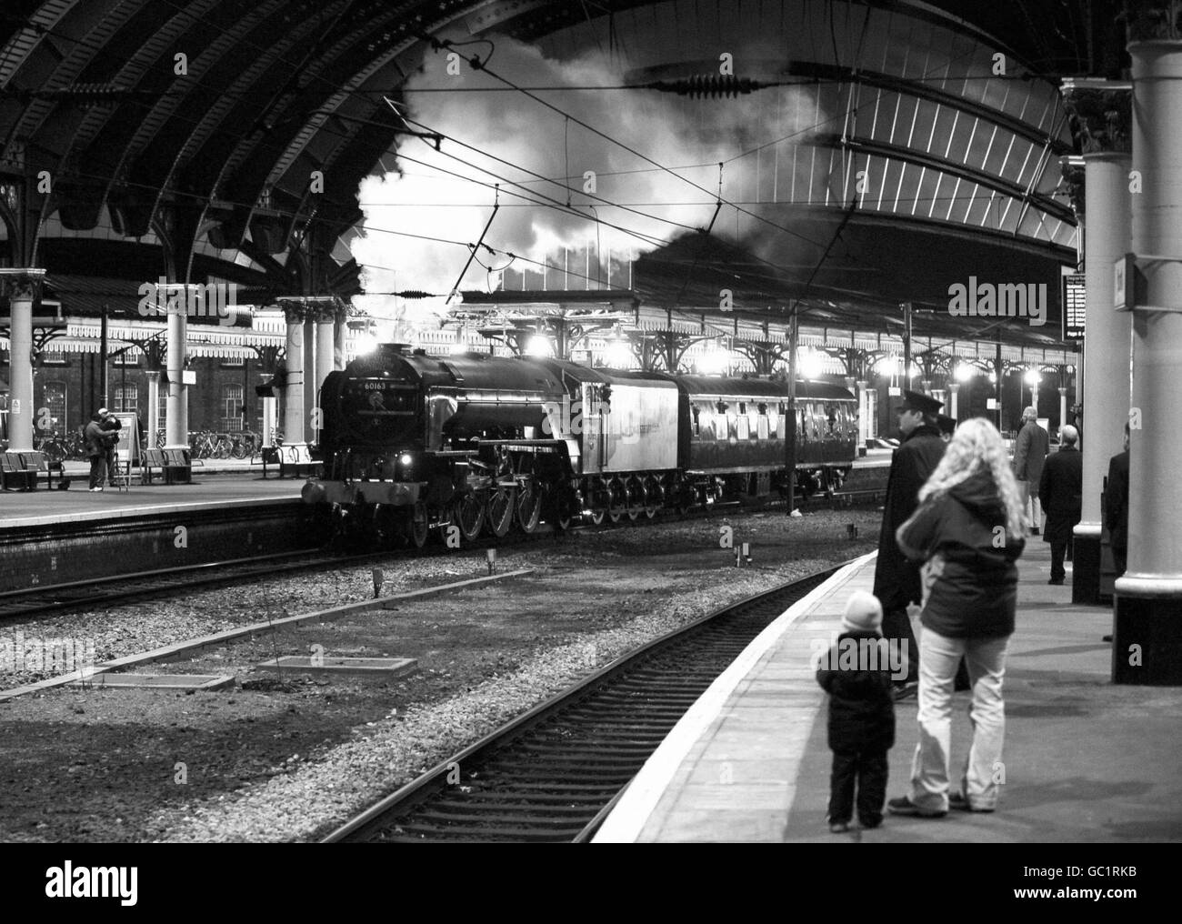 The first new steam train to be built in the UK for almost 50 years, the Tornado Steam Locomotive, pulls out of York Station bound for Scarborough for its first mainline test. Stock Photo