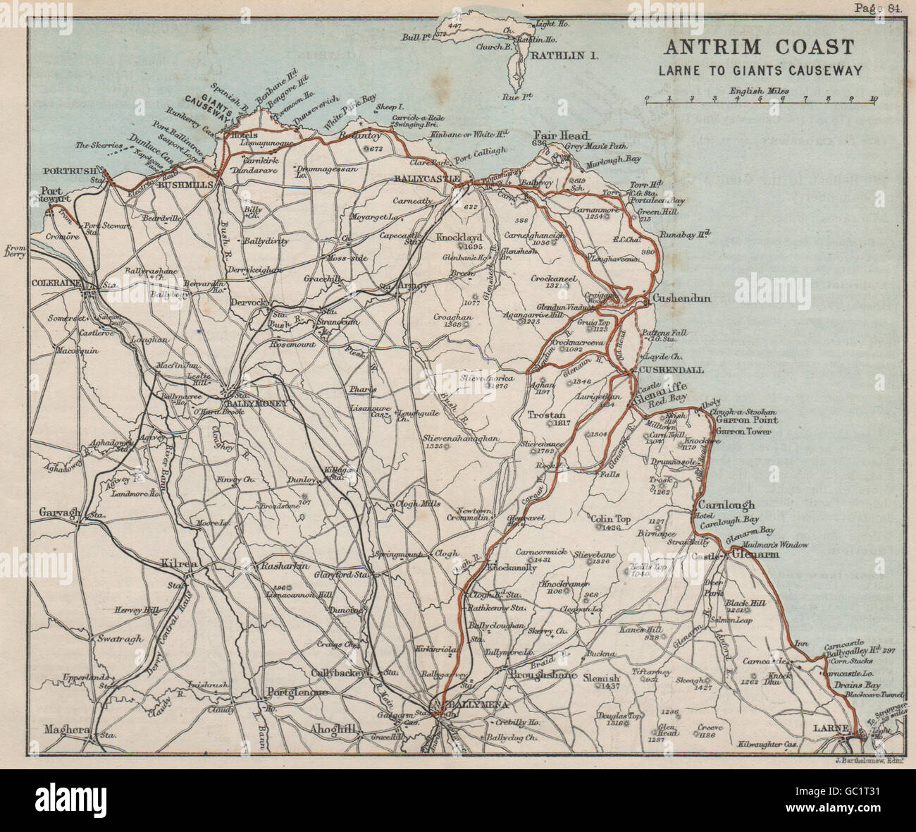 ANTRIM COAST Larne to Giant's Causeway Portrush Ballymoney. BARTHOLOMEW 1887 map Stock Photo