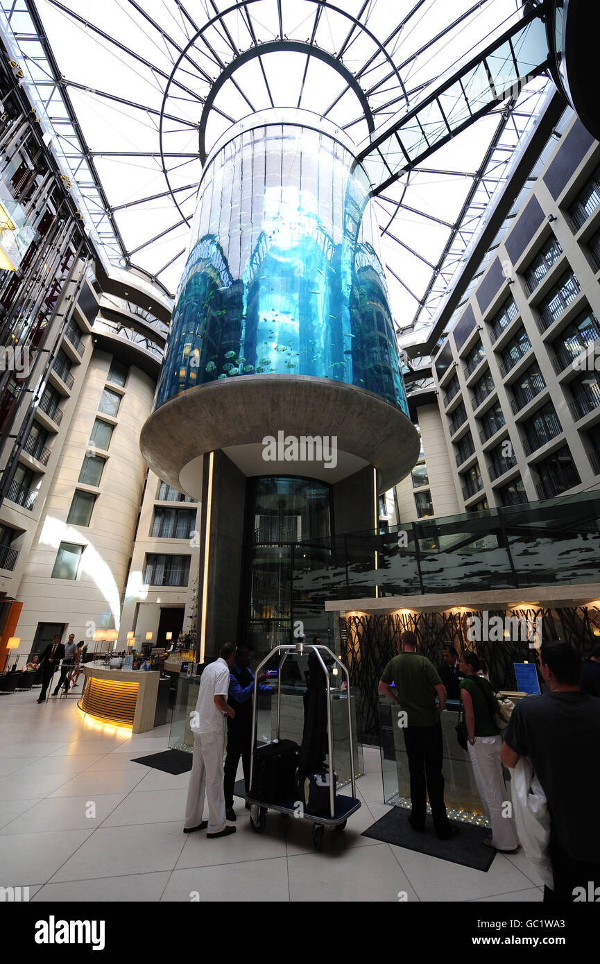 A giant fish tank towers over the reception in the Radisson Hotel in
