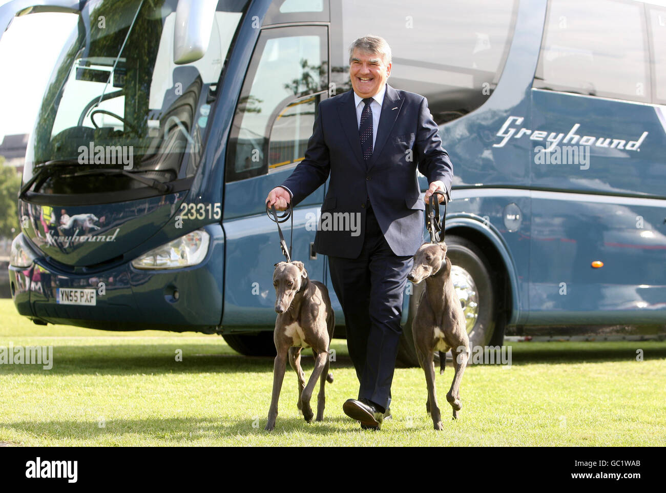 Chief Executive of First Group Sir Moir Lockhead at the launch of First Group's new Greyhound UK coach service in Potters Field Park, London. Stock Photo