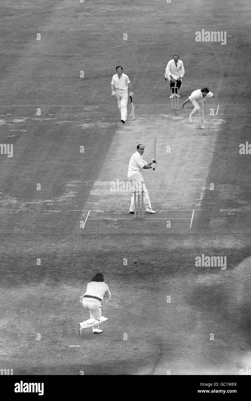 Australian fast bowler dennis lillee bowling to englands brian close hi