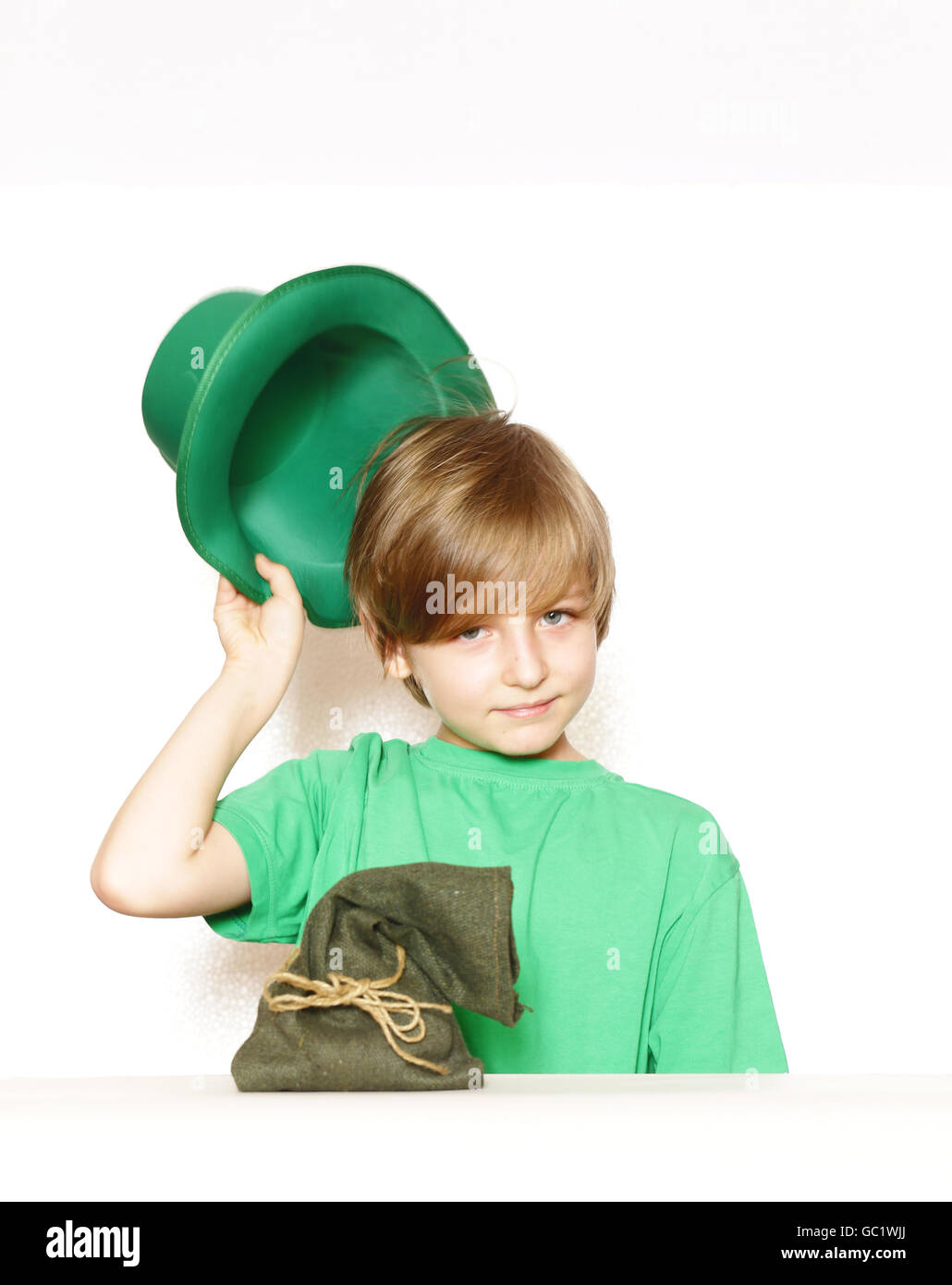 cute young boy in a green hat - holiday St.Patrick Stock Photo