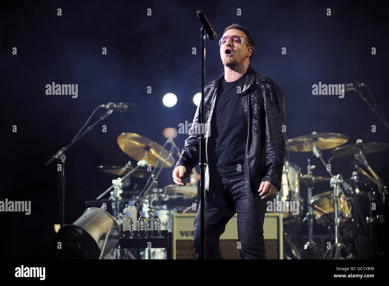 Bono of U2 performs live at the Don Valley Stadium in Sheffield as part of their 360 Degree Tour. Stock Photo