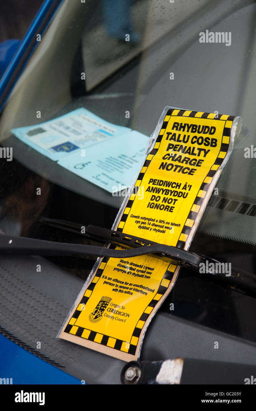 A car parking fixed penalty notice  ticket, in welsh and english language, on the windscreen of a car which also has a blue disabled badge  Wales UK Stock Photo