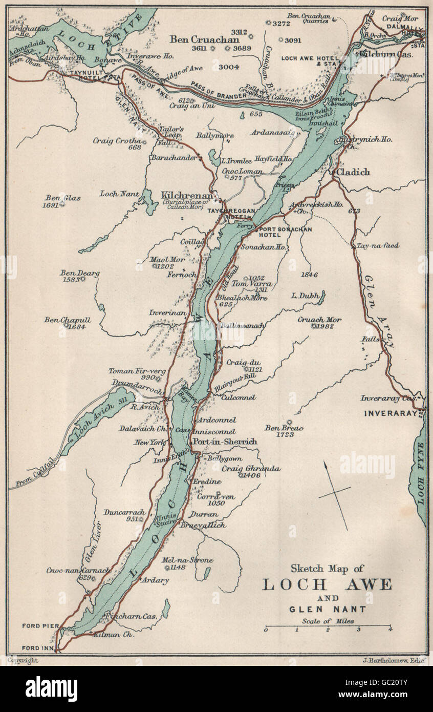 LOCH AWE & GLEN NANT. Ben Cruachan Taynuilt Kilchrenan Inveraray, 1908 old map Stock Photo