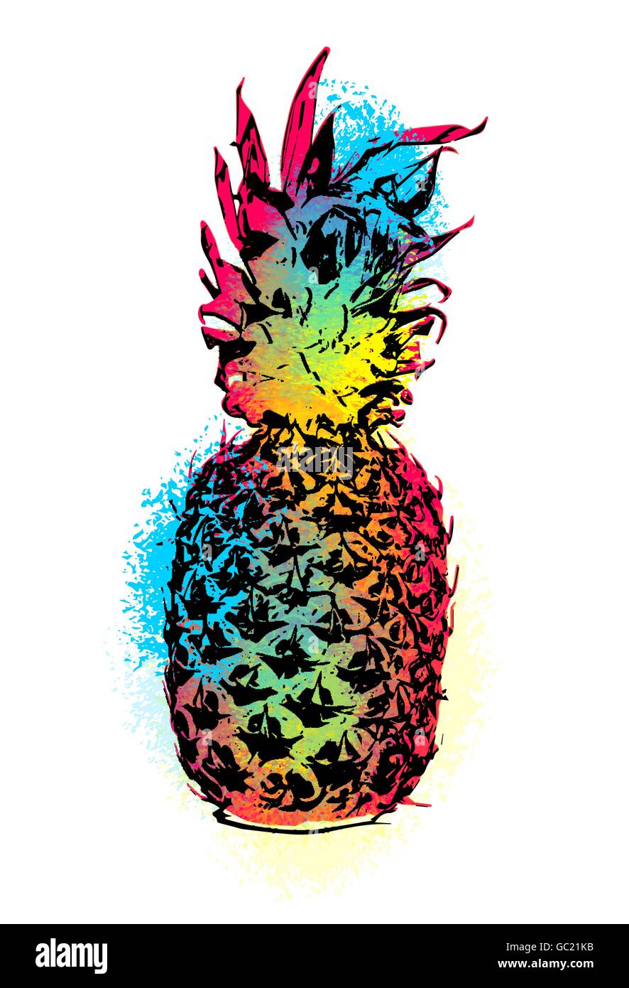 Modern pineapple fruit art in fun stencil paint style, colorful summer concept design on isolated background. EPS10 vector. Stock Vector