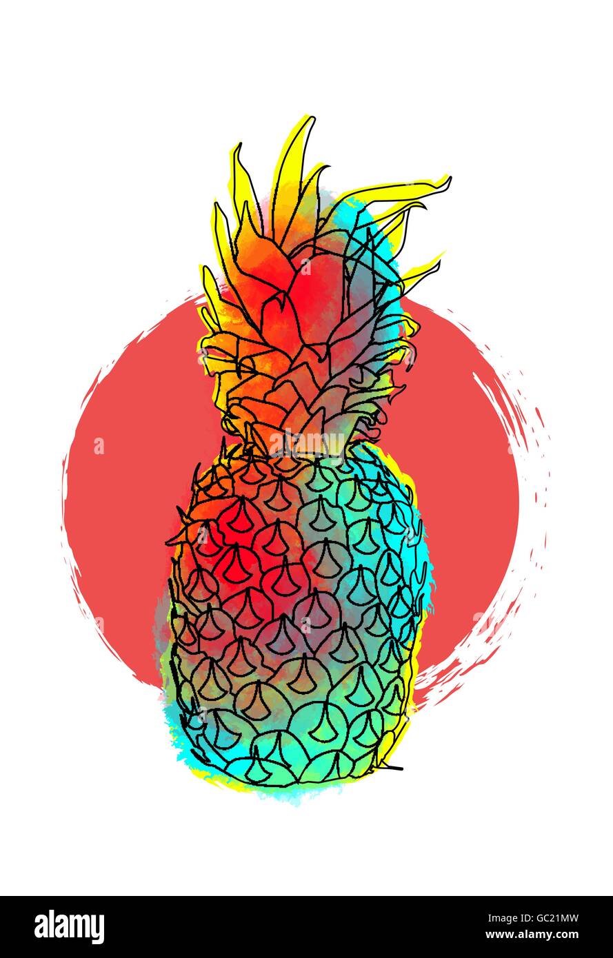 Pineapple fruit art design, colorful paint sketch style illustration