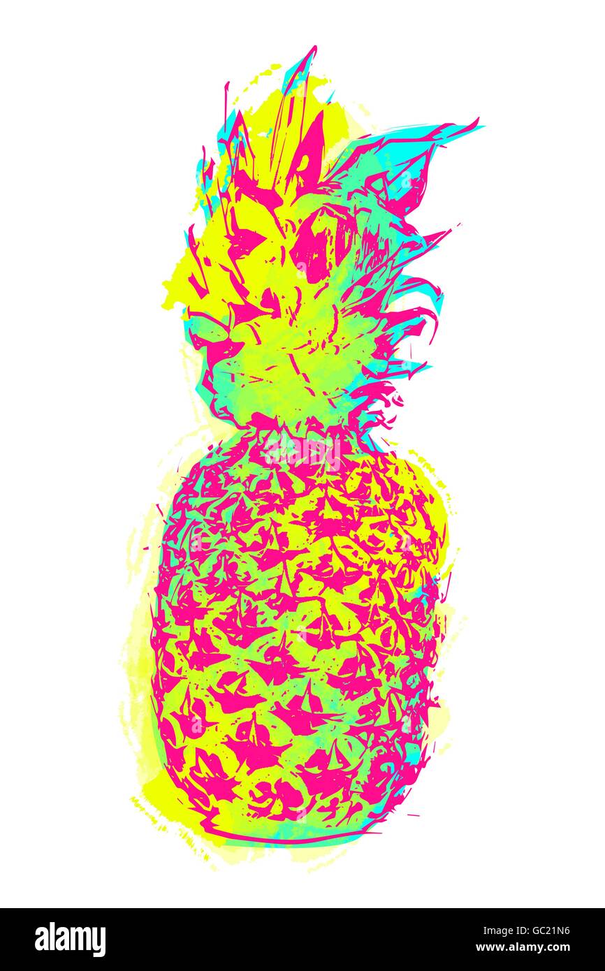 Modern pineapple fruit art in fun stencil paint style, colorful summer
