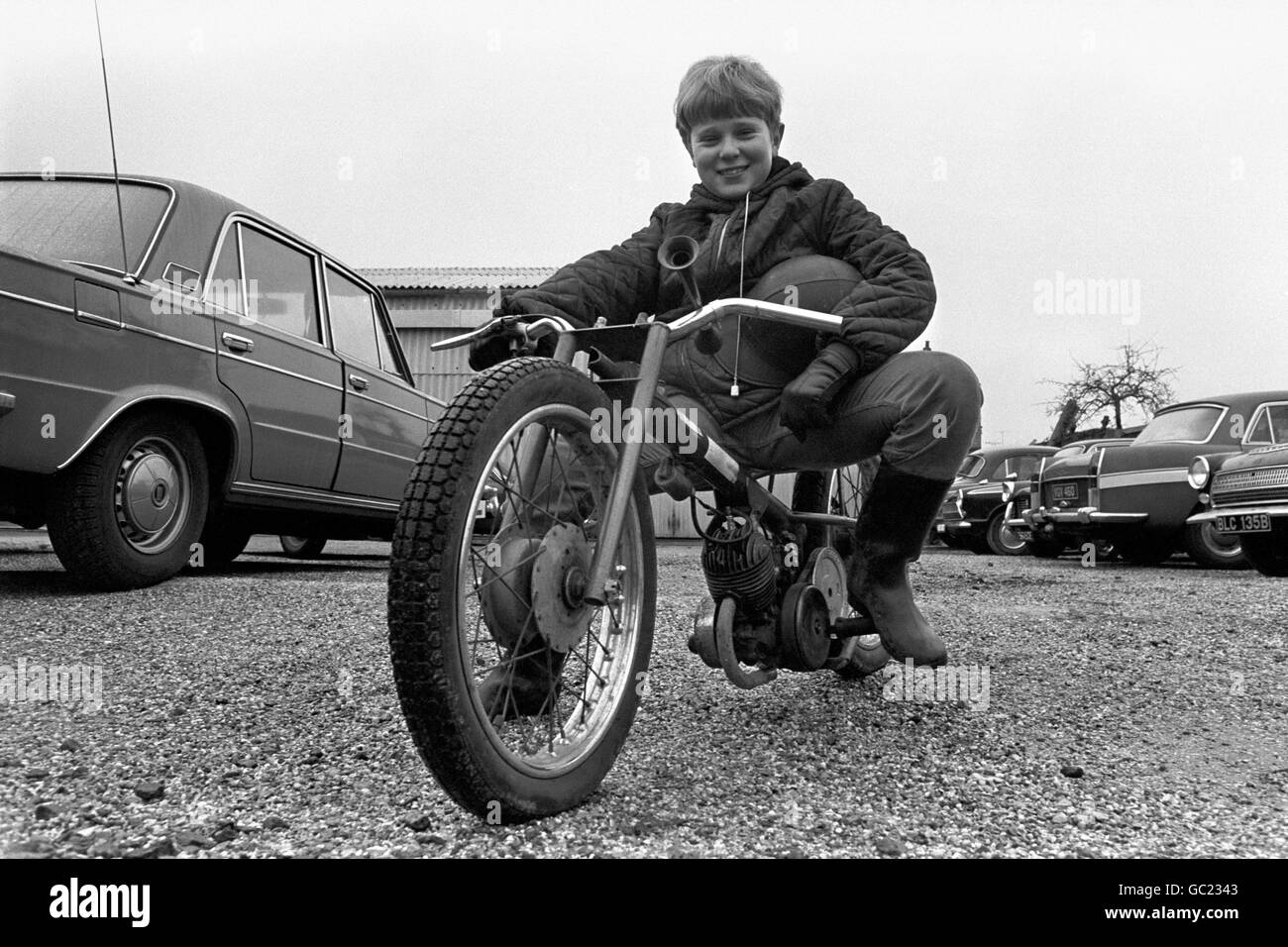 He is only 11 years old, but Ian Turner of Needham Market near Ipswich has his own motorcycle and, as he loves speed, has ideas of becoming a racing driver. Ian's machine, a gift from his parents, has a welded tubular frame, is powered by a 50cc engine and is capable of 25-30 mph. Stock Photo
