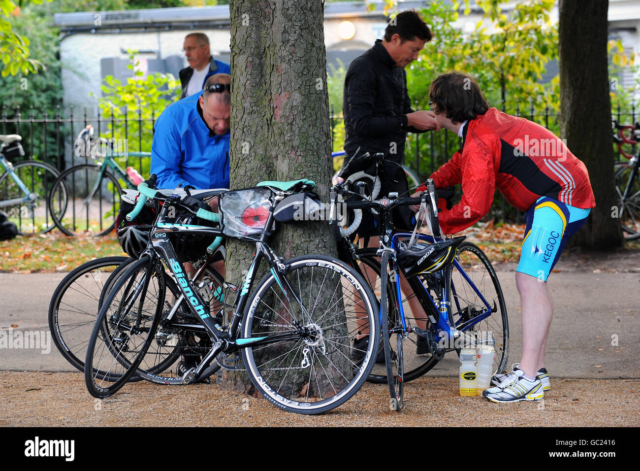 Riders taking part in The Royal British Legion's Pedal to Paris ride get prepared in Greenwich Park, London Stock Photo