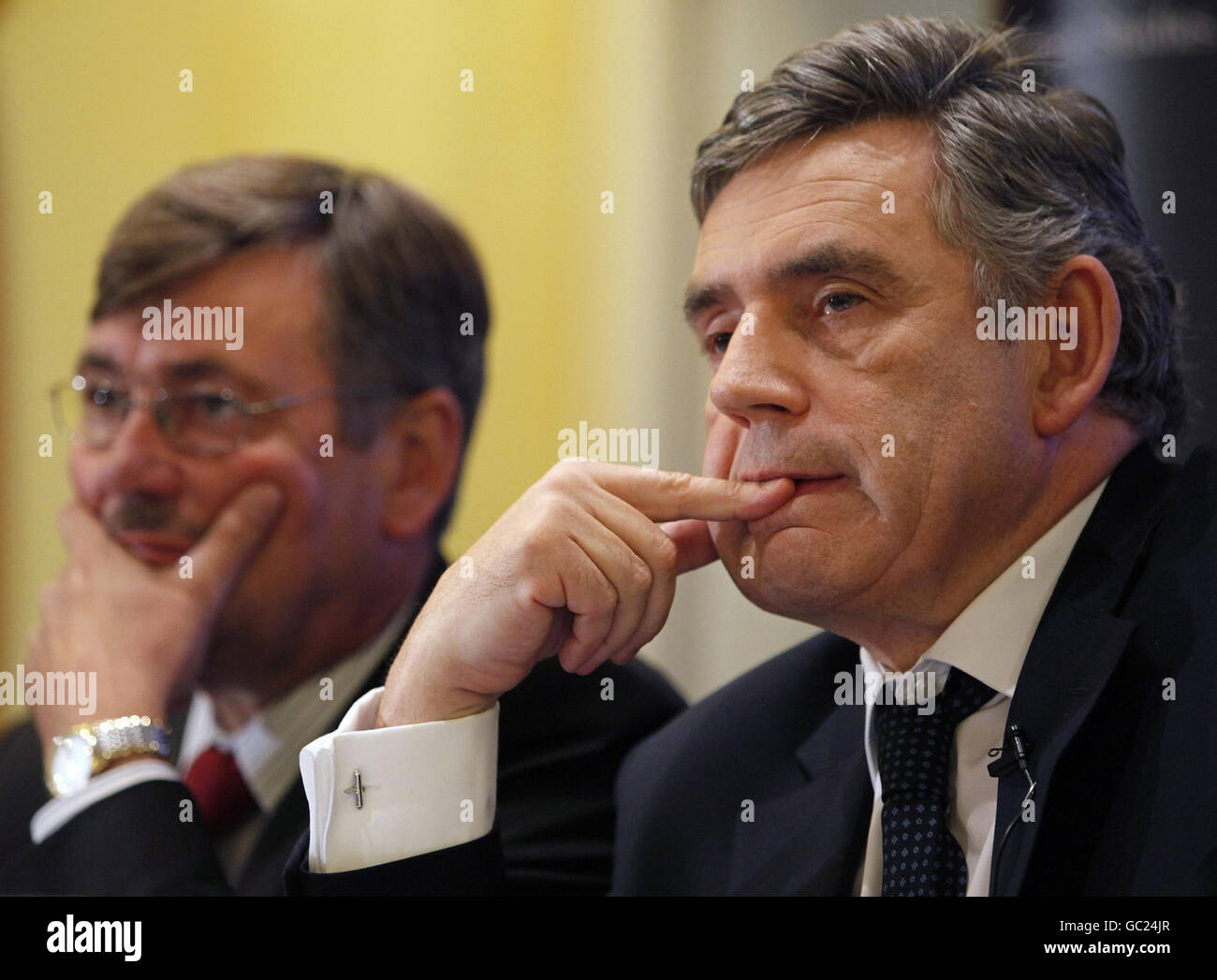 Prime Minister Gordon Brown and Defence Secretary Bob Ainsworth attend a question and answer session following a keynote speech on Afghanistan at the International Institute for Strategic Studies in central London. Stock Photo