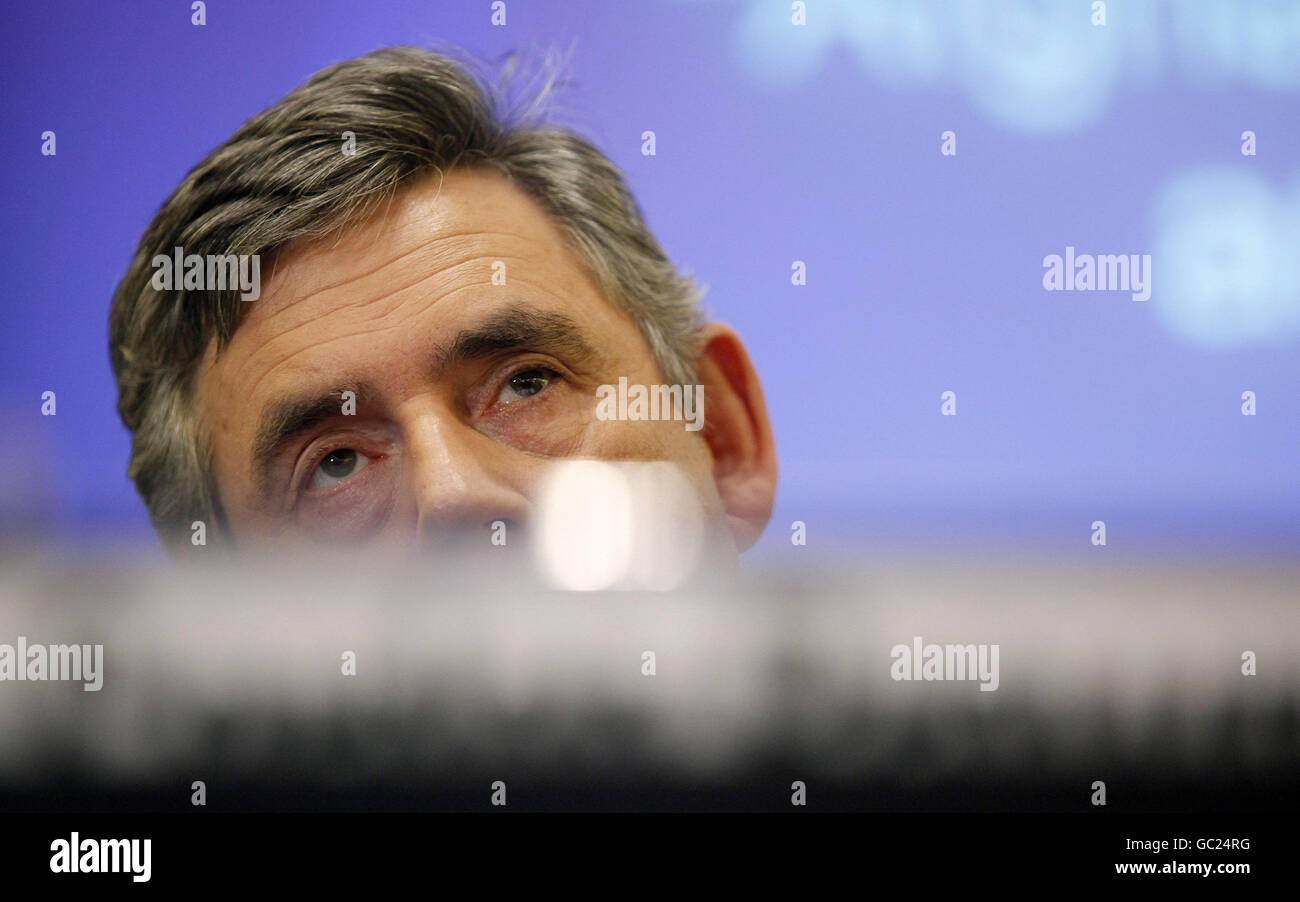 Prime Minister Gordon Brown attends a question and answer session following a keynote speech on Afghanistan at the International Institute for Strategic Studies in central London. Stock Photo