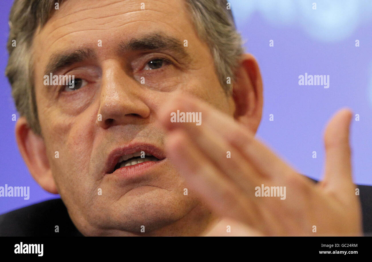 Prime Minister Gordon Brown attends a question and answer session following a keynote speech on Afghanistan at the International Institute for Strategic Studies in central London. Stock Photo