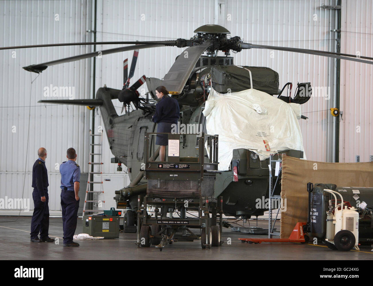 A Puma helicopter in one of the hangers at RAF Aldergrove. The RAF are preparing to leave Aldergrove, its last remaining permanent base in Northern Ireland. Stock Photo