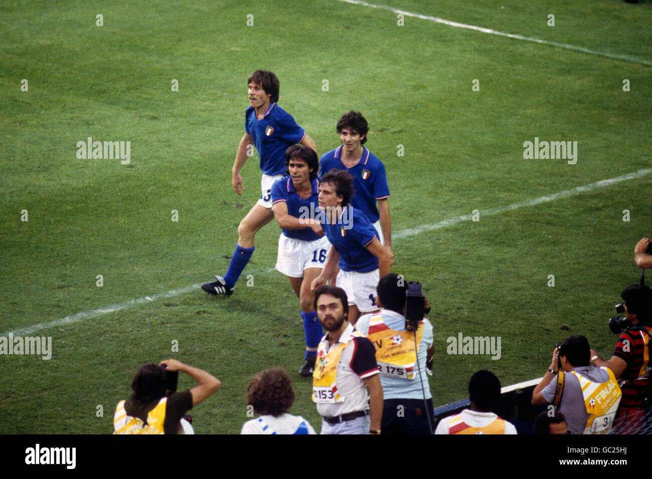 Left to right, Gabriele Oriali, Bruno Conti, Paolo Rossi and Marco Tardelli celebrate after Tardelli scored Italy's second goal in the World Cup final against West Germany. Stock Photo