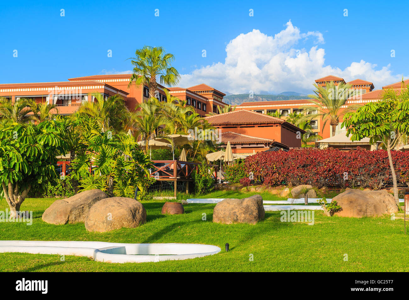 COSTA ADEJE TOWN, TENERIFE NOV 17, 2015 Tropical gardens of luxury hotel in Costa Adeje town