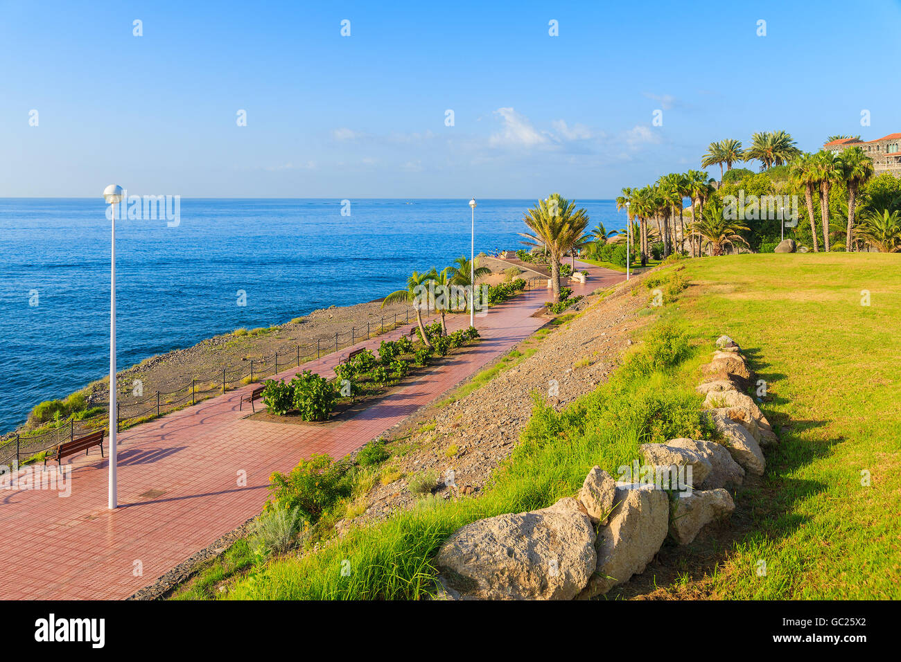 Exotic coastal promenade with palm trees in Costa Adeje holiday town, Tenerife, Canary Islands, Spain Stock Photo