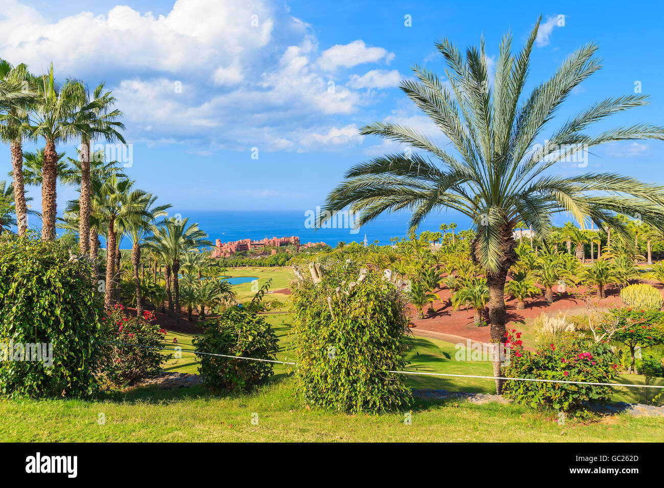 TENERIFE, CANARY ISLANDS - NOV 17, 2015: tropical gardens of a luxury Abama Hotel which is located on a golf course on Tenerife, Stock Photo