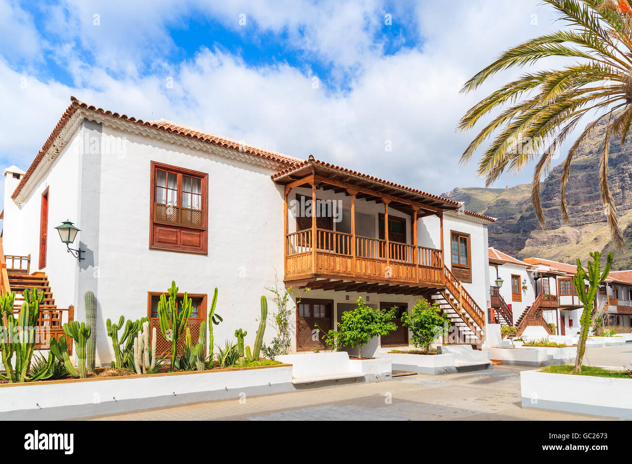 Traditional Canary style apartment buildings in Los Gigantes town