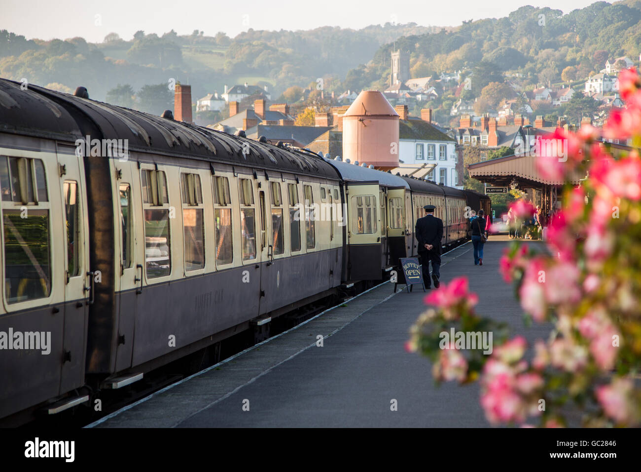 Train carriages on the platform at Minehead Station, Somerset UK Stock Photo
