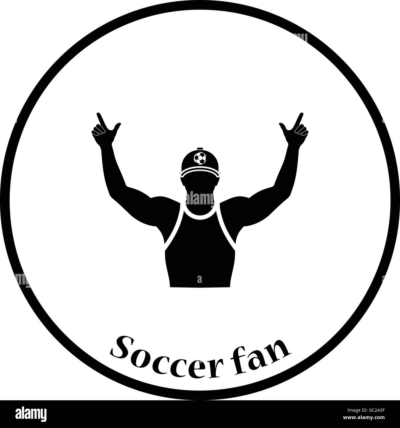 Football fan with hands up icon. Thin circle design. Vector
