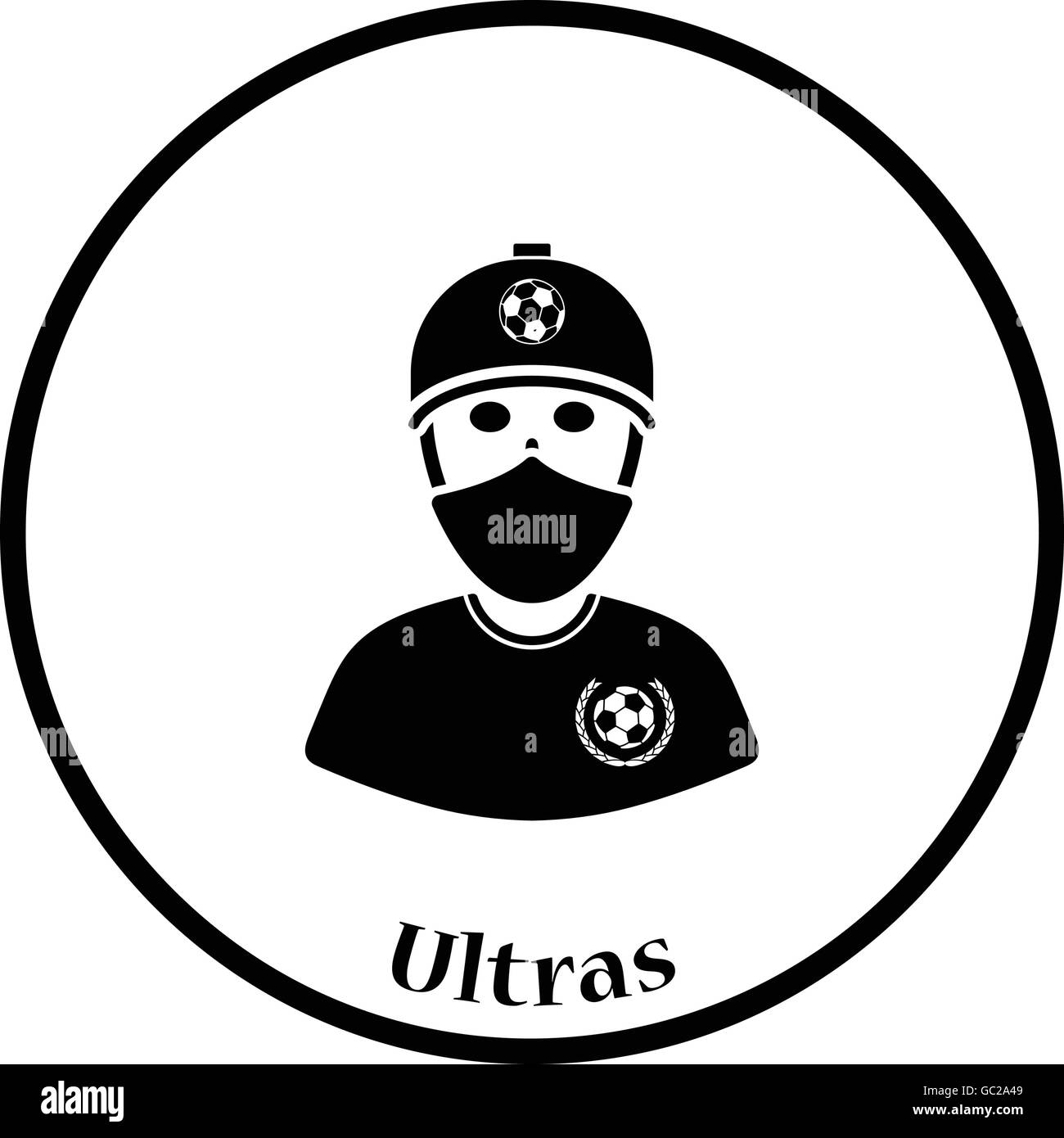 Football fan with covered face by scarf icon. Thin circle design