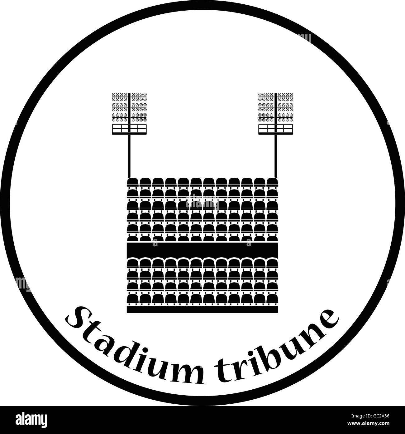 Stadium tribune with seats and light mast icon. Thin circle design. Vector illustration. Stock Vector