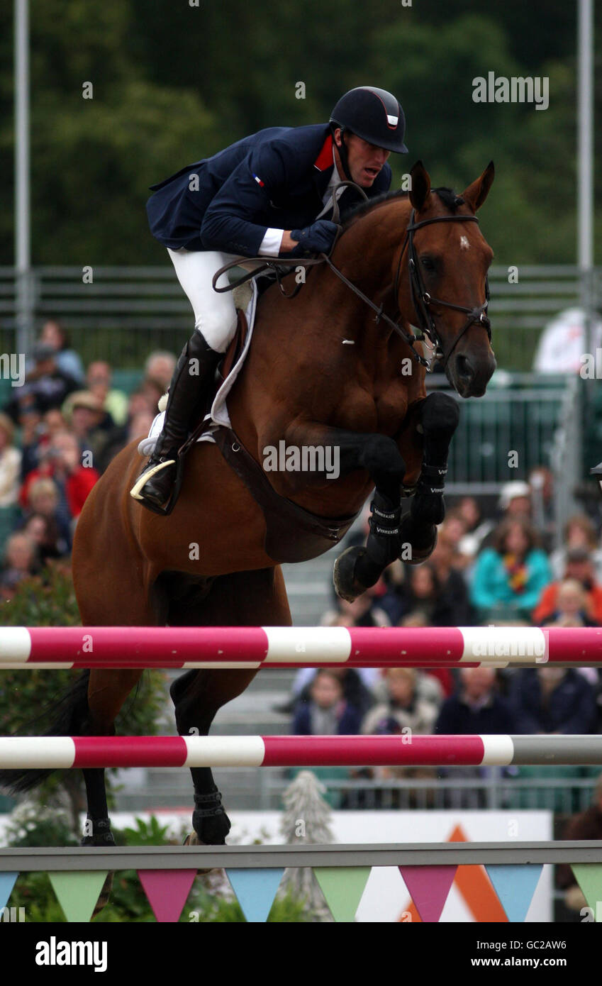 France's Kevin Staut riding Kraque Boom*Bois Margot wins the Individual jumping final during day five of The European Show Jumping and Dressage Championships, Windsor. Stock Photo