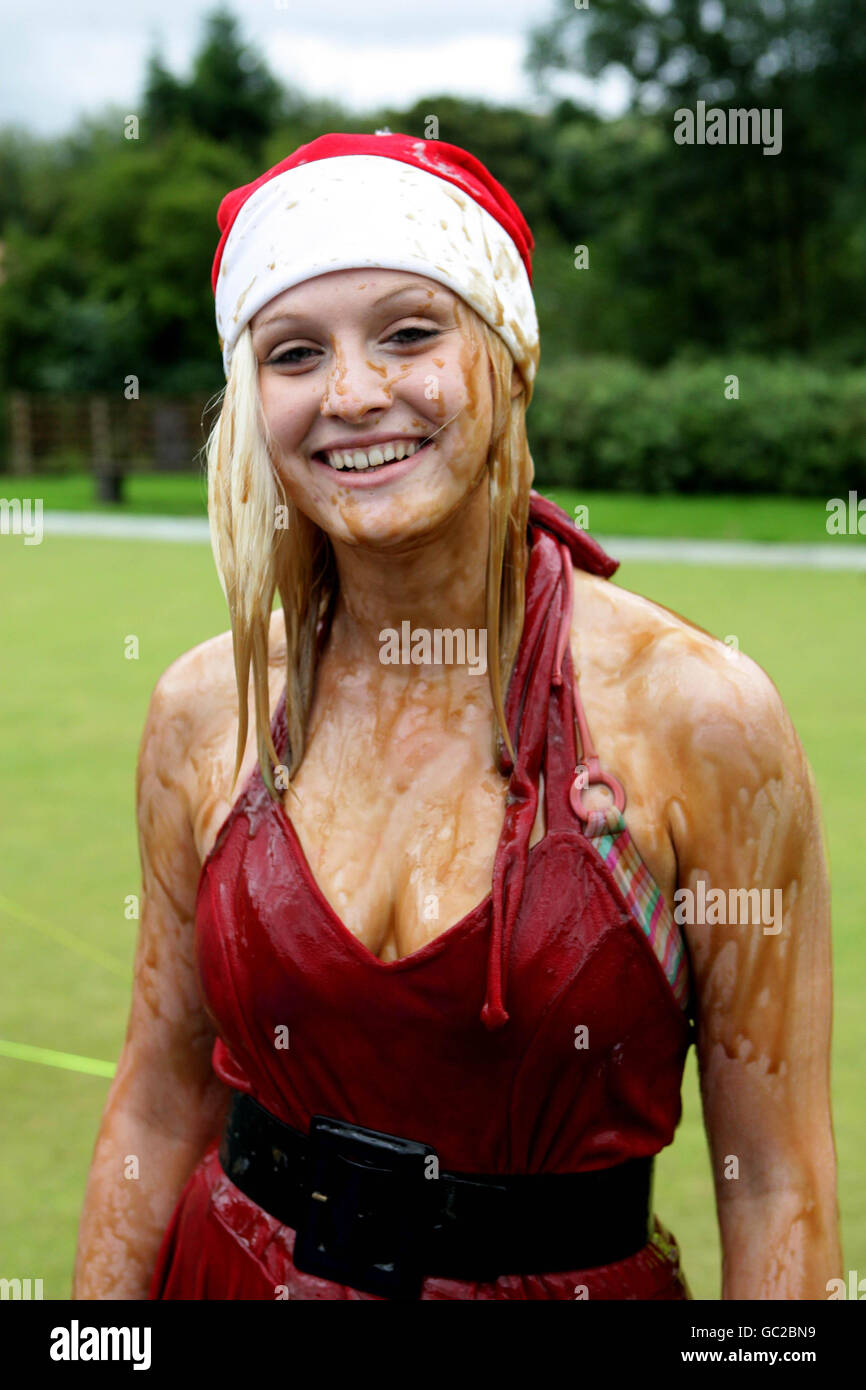 Competitor Emma Slater after taking part in the World Gravy Wrestling Championships at the Rose n Bowl pub in Rossendale, Lancashire. Stock Photo