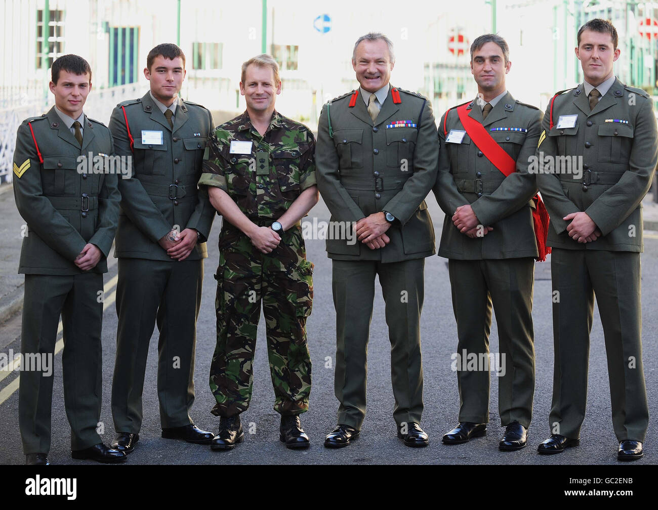 (From left to right) Acting Corporal Bradley Malone, Marine Steven Nethery, Lt Col James Morris, Brigadier Gordon Messenger, Sergeant Andrew Leaver and Acting Corporal John Ballance who were all mentioned in the latest Operational Honours and Awards list during a ceremony in Royal Marines Stonehoue in Plymouth. Stock Photo