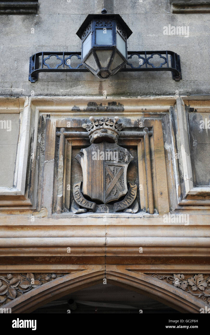 An heraldic detail over the main entrance to Strawberry Hill, Twickenham. The eighteenth century gothic castle - former home of Horace Walpole, son of British Prime Minister Sir Robert Walpole, is now at the halfway point in its 8.2 million restoration. Stock Photo