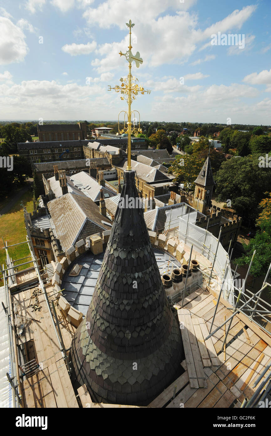 A restored, re-gilded six foot weathervane after it was re-installed today atop the Beauclerk Tower at Strawberry Hill, Twickenham. The eighteenth century gothic castle - former home of Horace Walpole, son of British Prime Minister Sir Robert Walpole, is now at the halfway point in its 8.2 million restoration. Stock Photo