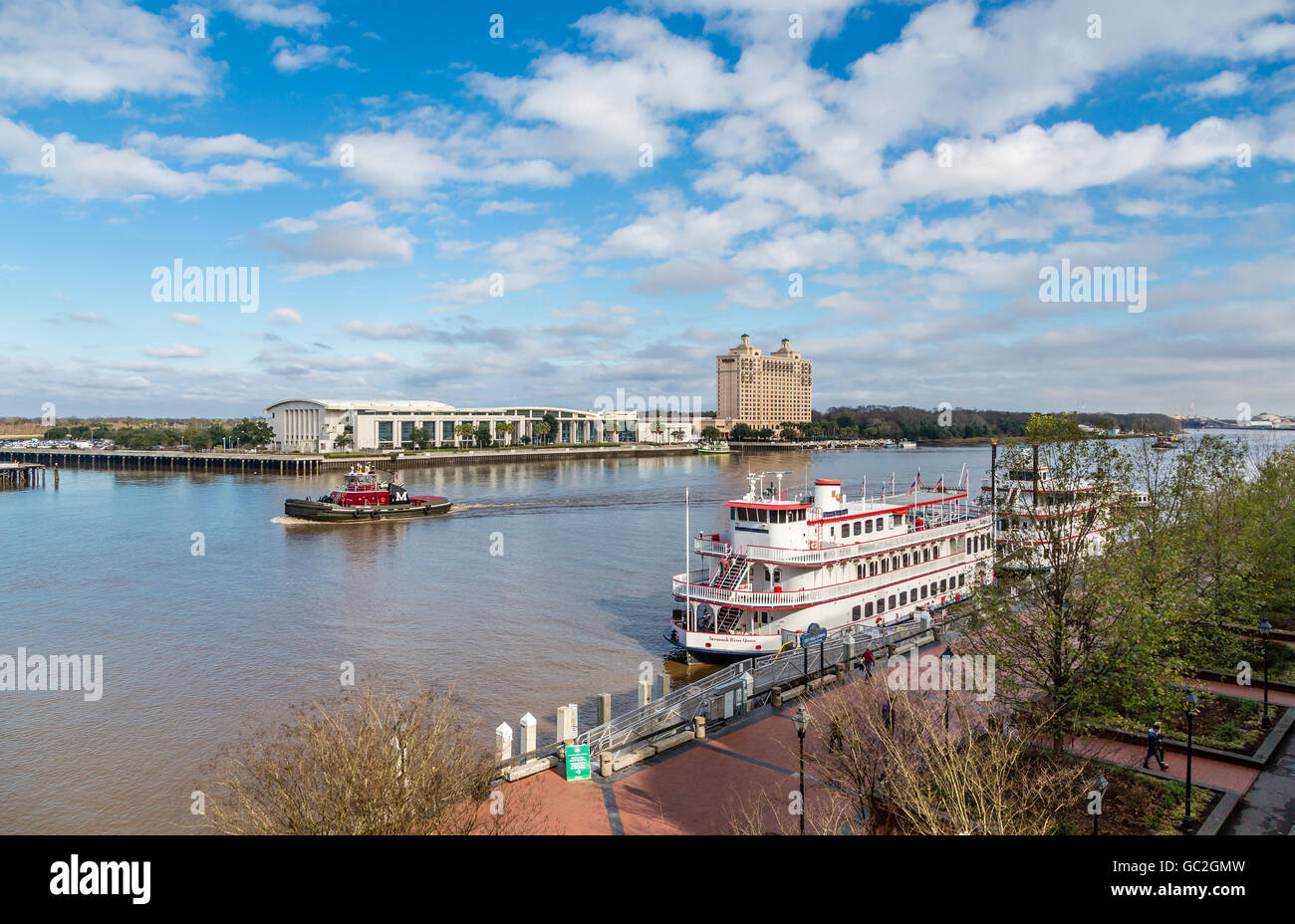 An old fashioned paddle wheel boat on the Savannah River in Georgia Stock Photo