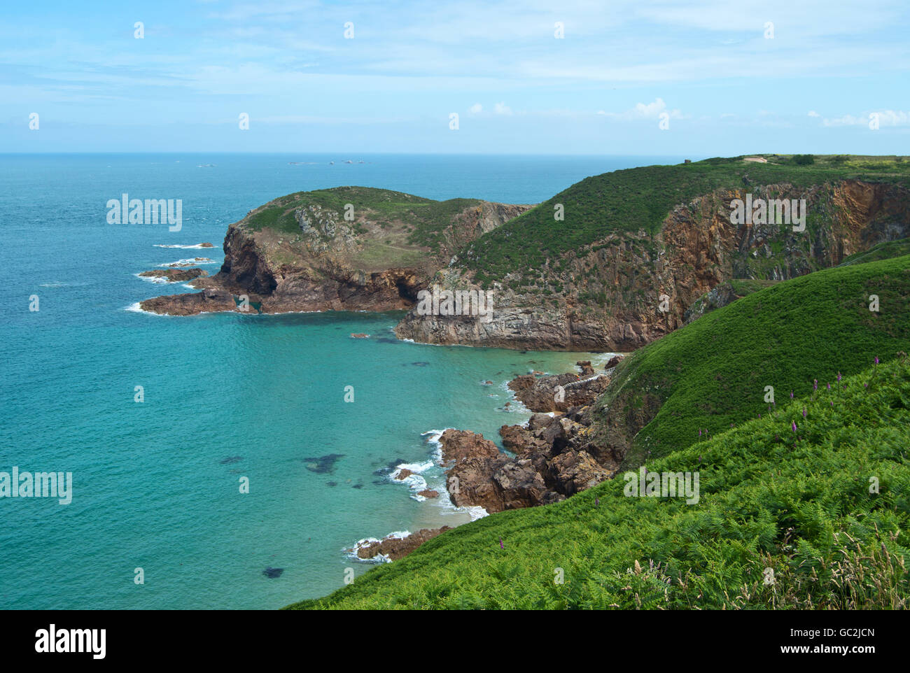 Plemont beach from the cliff path to Grosnez, Jersey, Channel Islands Stock Photo