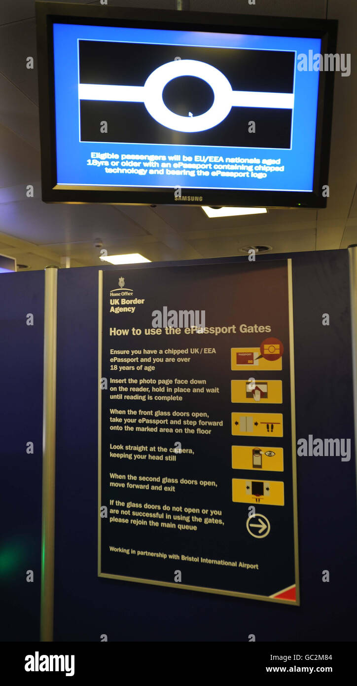 New passport control at Bristol Airport. Signs at the new passport