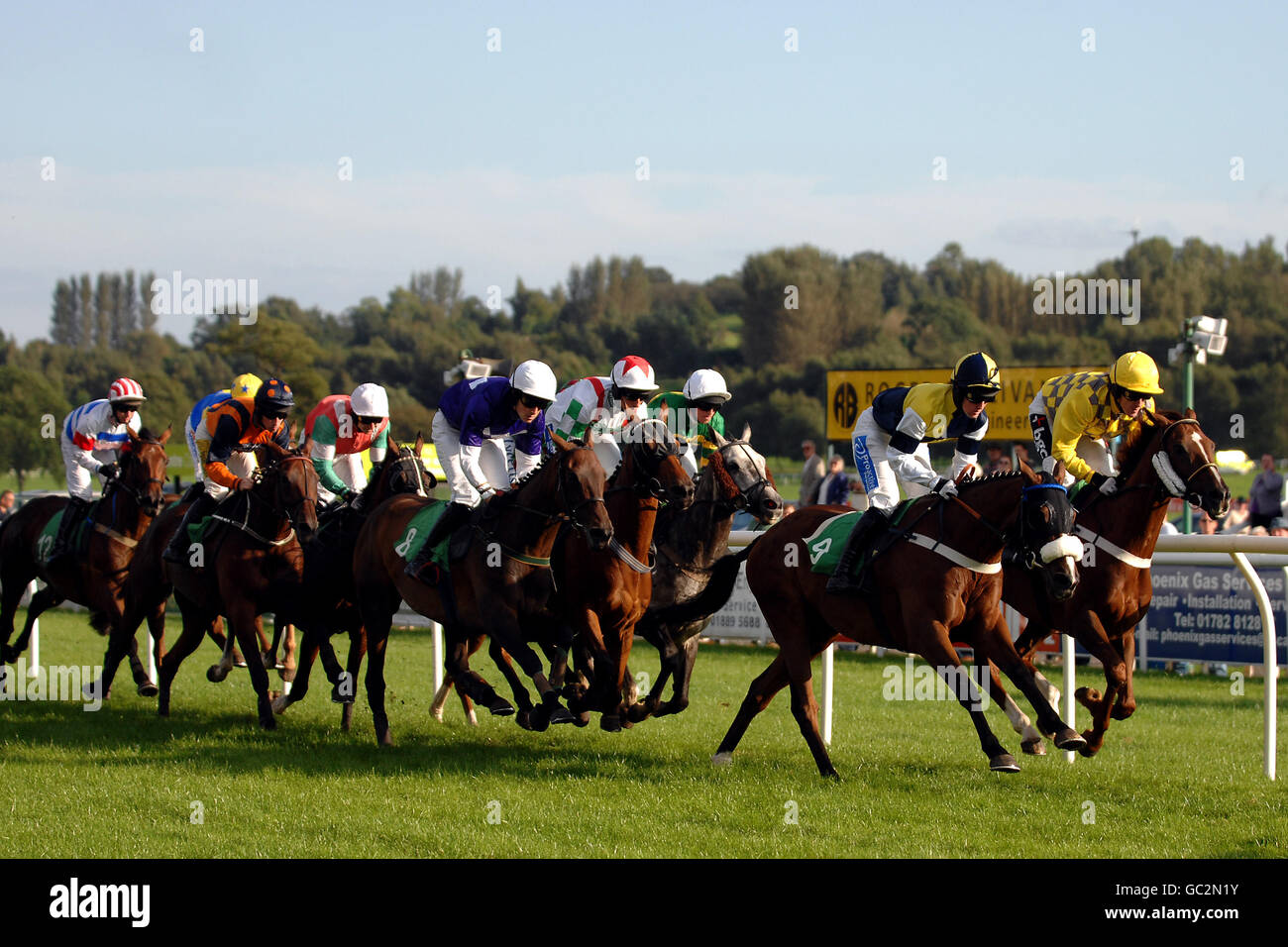 Runners and Riders during The Jo Evans Handicap Hurdle (Division One) at Uttoxeter Racecourse, Uttoxeter. Stock Photo