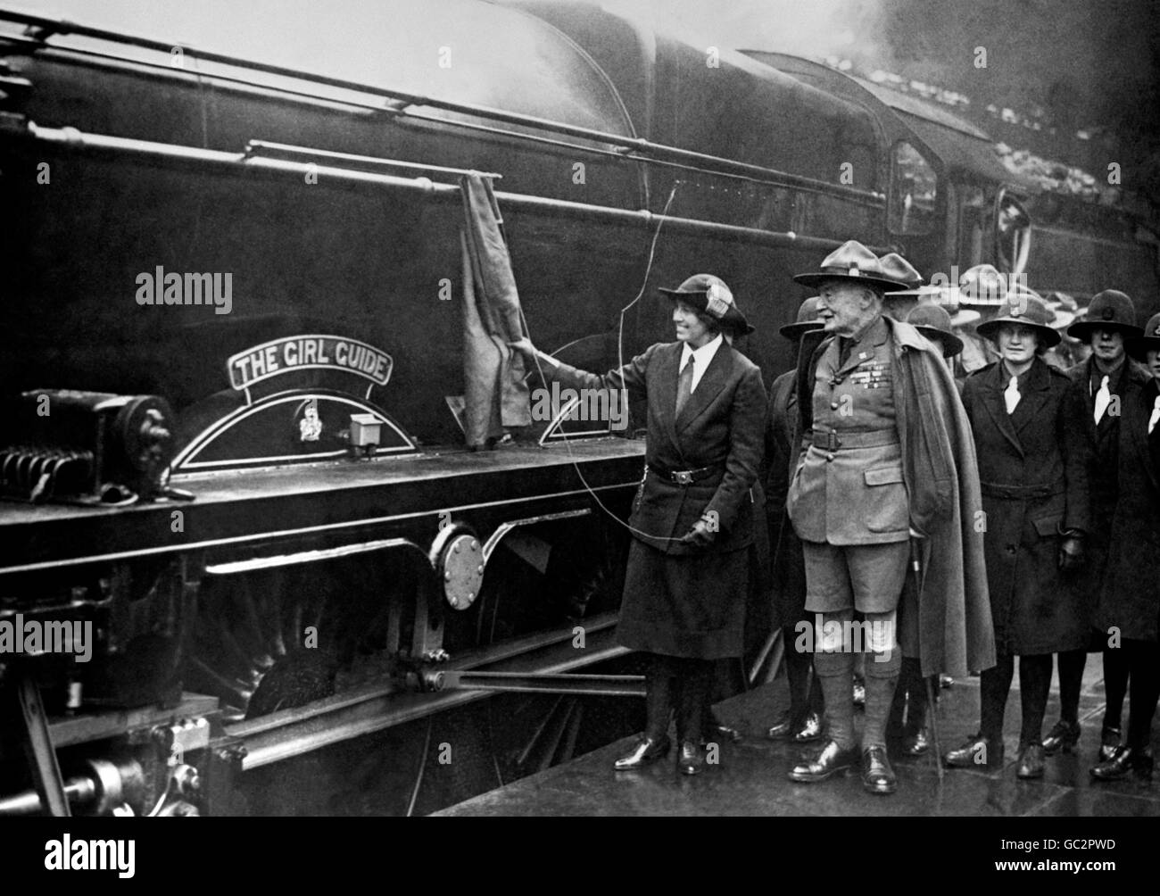 Sir Robert and Lady Olave Baden-Powell, the Chief Scout and the Chief Guide, launch the new Royal Scot Class locomotive, Nr.6188, 'The Girl Guide'. Stock Photo