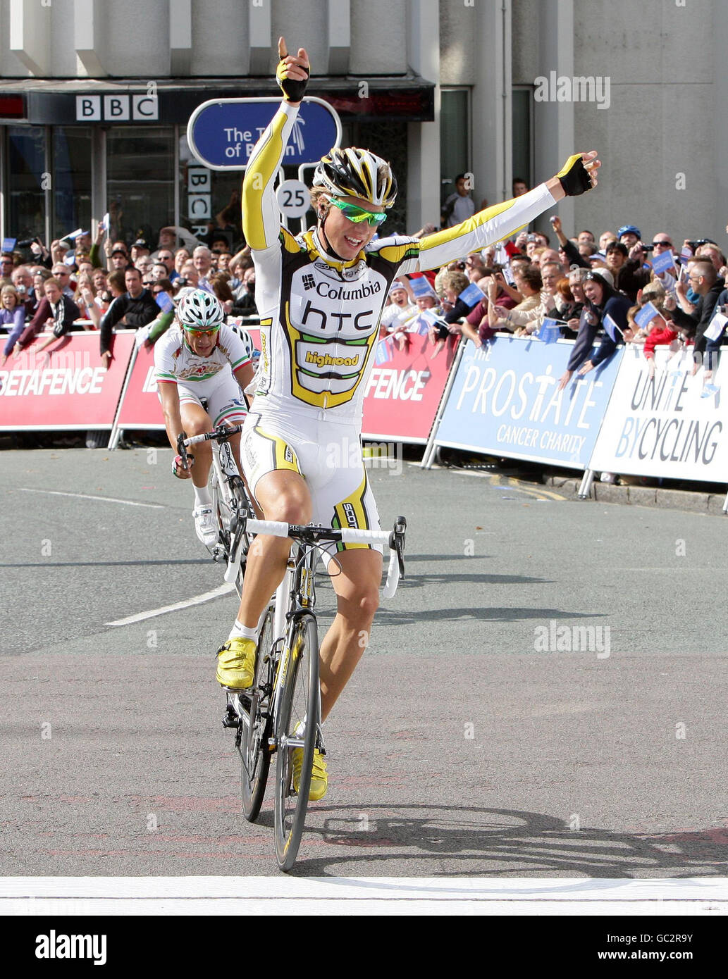 Columbia HTC rider Edvald Boasson Hagen from Norway wins during stage Five of the Tour of Britain in Stoke-On-Trent. Stock Photo