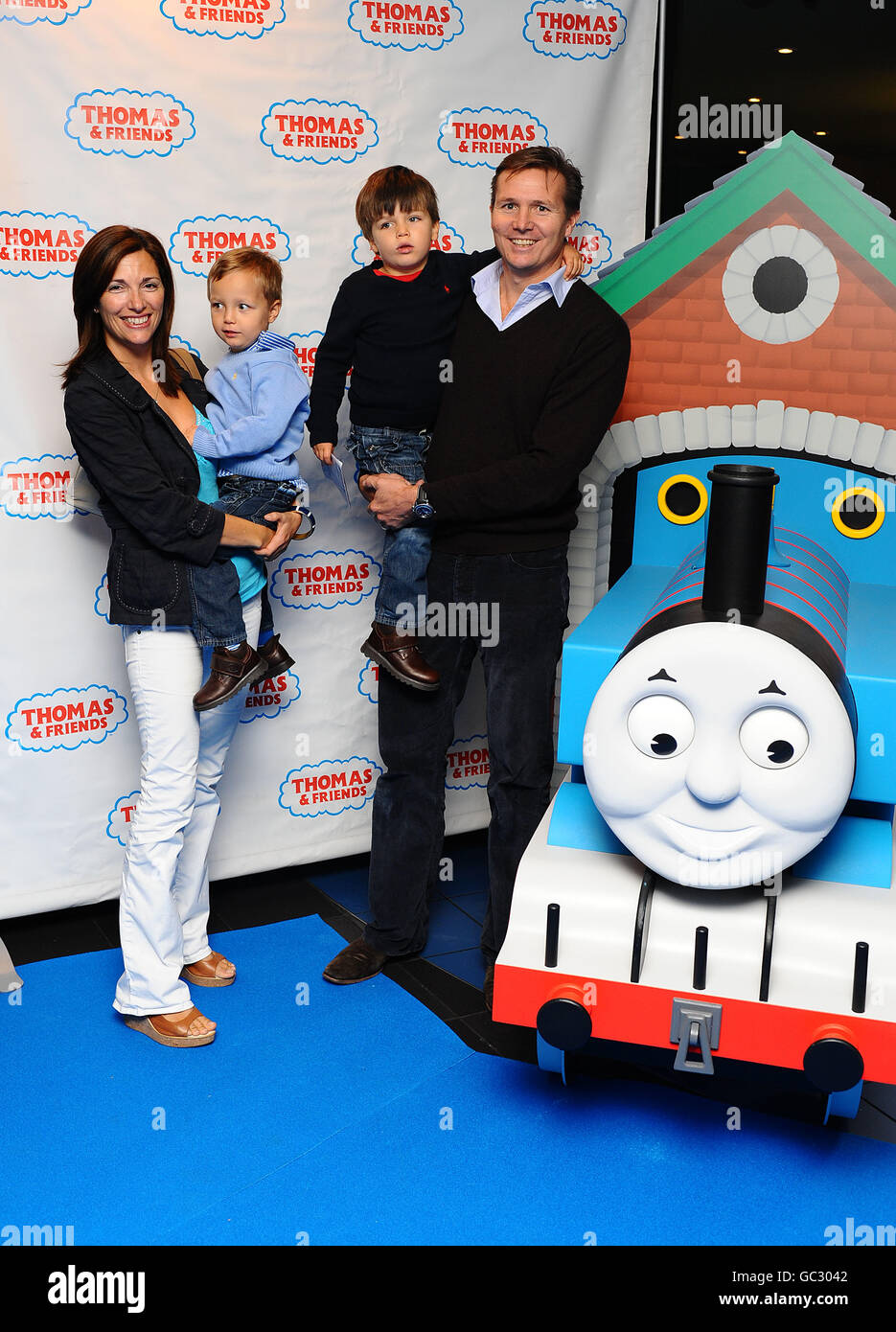 Roger Black and his family at the premiere of Hero Of The Rails, the new Thomas the Tank Engine movie, at the VUE West End cinema in Leicester Square, London. Stock Photo