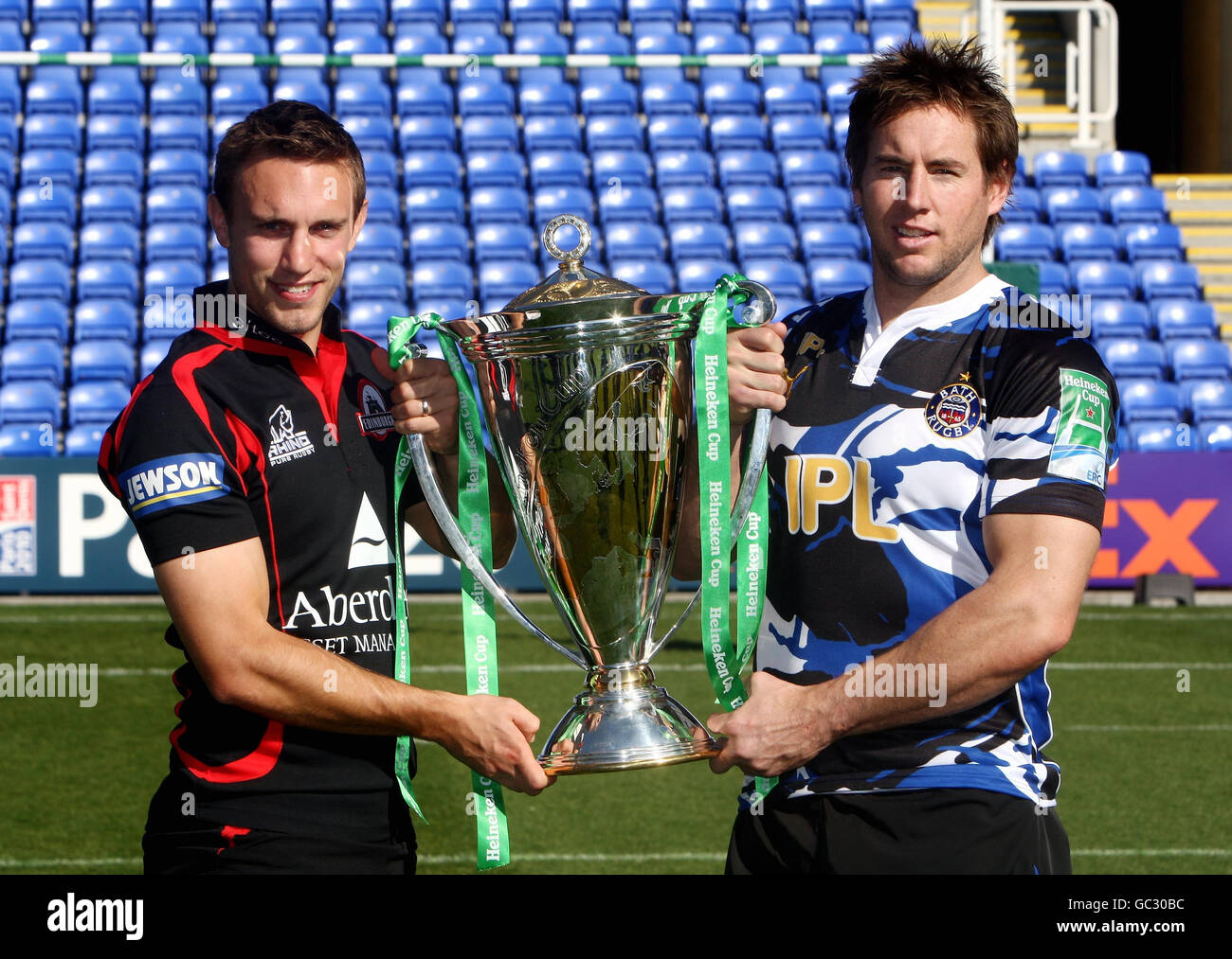 Rugby Union - Heineken Cup Launch - Madejski Stadium. Mike Blair of Edinburgh with Butch James of Bath during the Heineken Cup Launch at the Madejski Stadium, Reading. Stock Photo