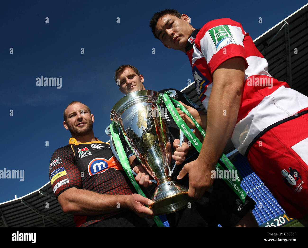 Tom Willis (Newport Gwent Dragons), Dean Schofield (Sale Sharks) and Gareth Delve (Gloucester) during the Heineken Cup Launch at the Madejski Stadium, Reading. Stock Photo