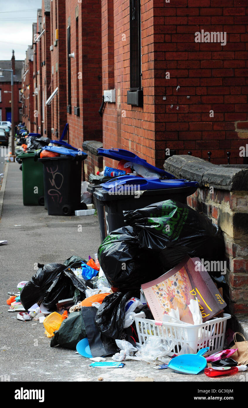 Bags of rubbish and overflowing bins in the Hyde Park area of Leeds