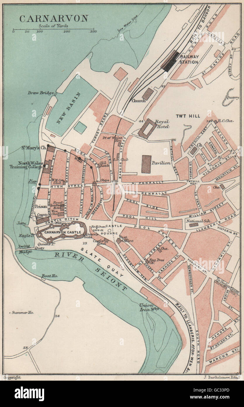 CARNARVON town/city plan. Wales. BARTHOLOMEW, 1902 antique map Stock