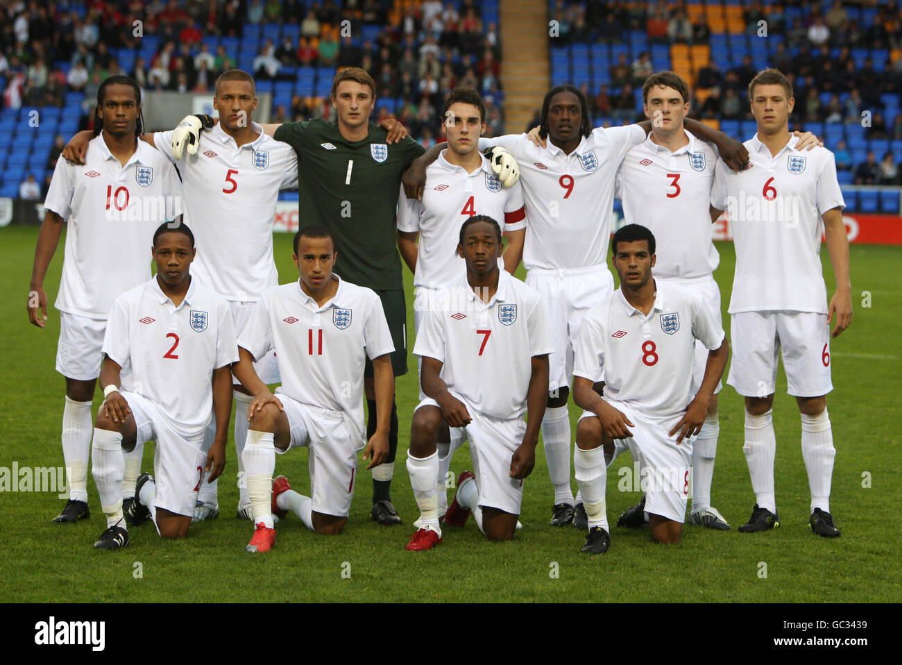 England's U19 (back row left to right) Nathan Delfouneso, Reece Brown, Declan Rudd, Matthew James, Nile Ranger, Scott Malone, Nathan Baker (Front Row) Nathan Clyne, Andros Townsend, Sanchez Watt and Jacob Mellis line up before the Under-19 International Friendly at the ProStar Stadium, Shrewsbury. Stock Photo