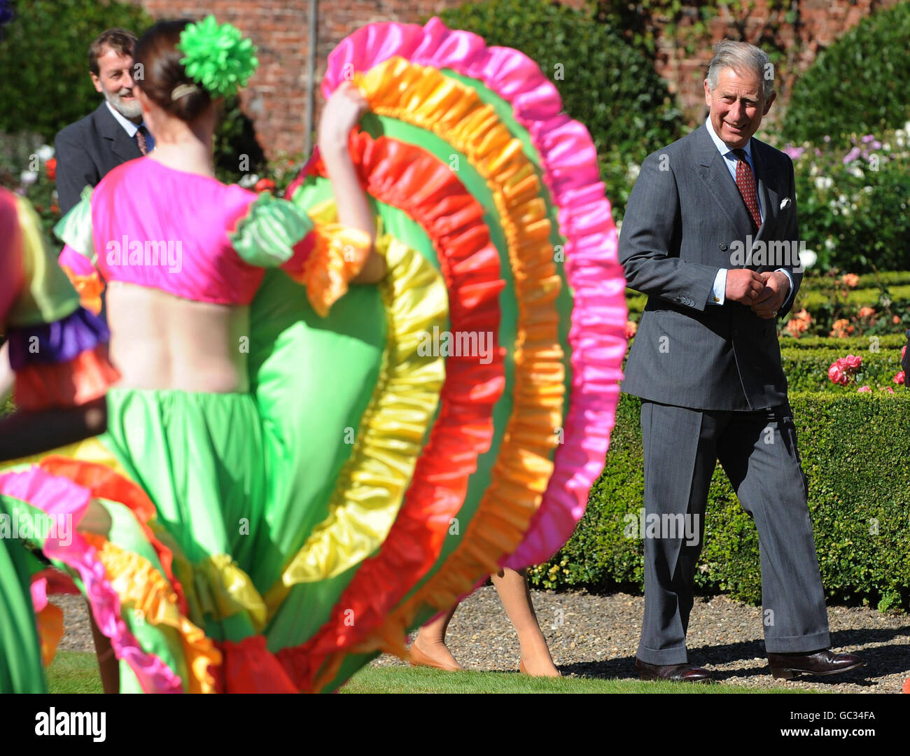 The Prince of Wales watches dancers during a visit to Seaton Delaval Hall - which the National Trust is bidding to buy for 6.3m from Lord Hastings- in Northumberland. Stock Photo