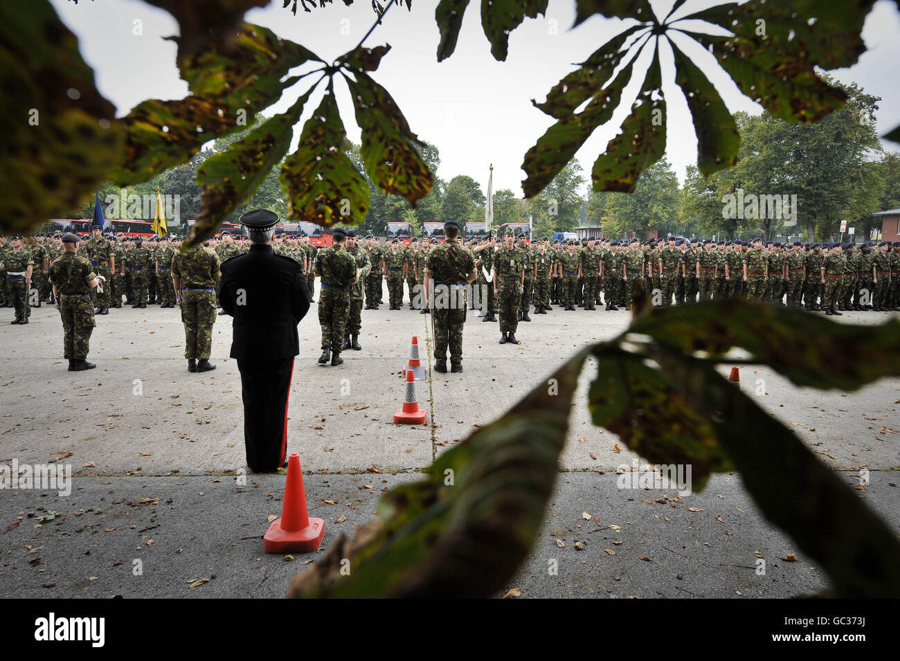 Soldiers line up in parade formation as British army personnel take part in a rehearsal for a homecoming parade on September 17th in the garrison city of Paderborn, Germany. Stock Photo