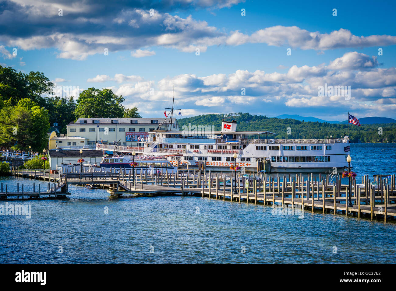 View of docks on Lake Winnipesaukee in Weirs Beach, Laconia, New