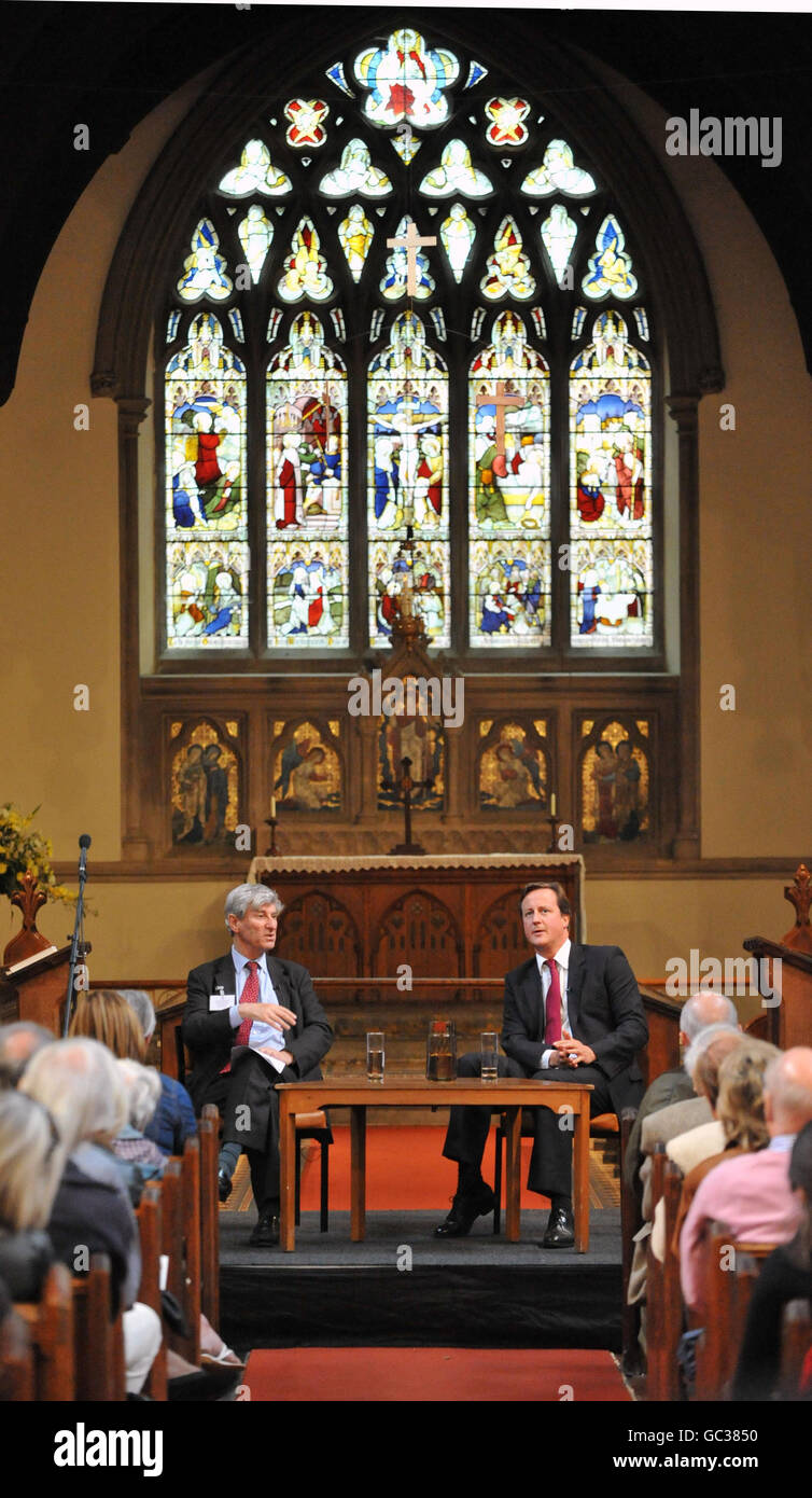 Conservative Party leader David Cameron in conversation with Vernon Bogdanor, Professor of Government at the University of Oxford, as part of the Woodstock Literary Festival, in Oxford. Stock Photo