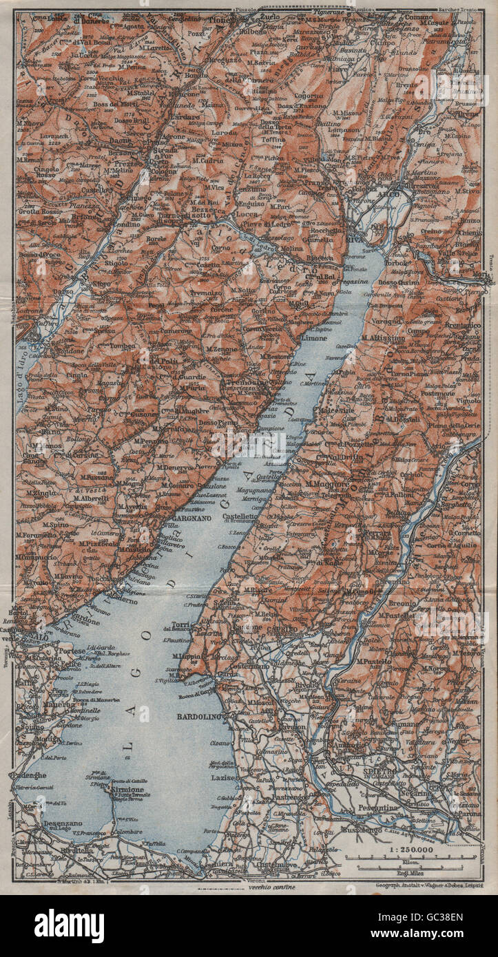LAGO DI/LAKE GUARDA. Riva Salo Gargnano Bardolino. Topo-map. Italy, 1923 Stock Photo