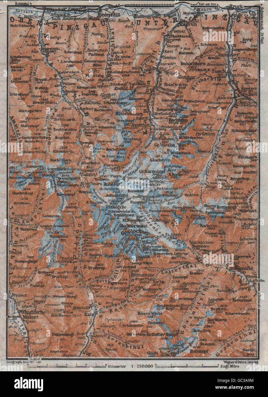 GLOCKNERGRUPPE. HOHE TAUERN. UNTERPINZGAU. Kaprun Matrei Grossdorf, 1923 map Stock Photo